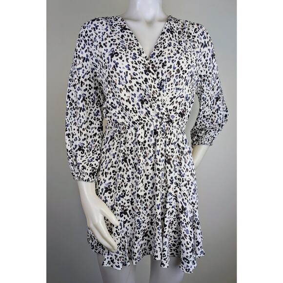 Zara Minidress Medium Leopard Print White Black Gray Ruffled V-Neck 3/4 Sleeve - Picture 2 of 11